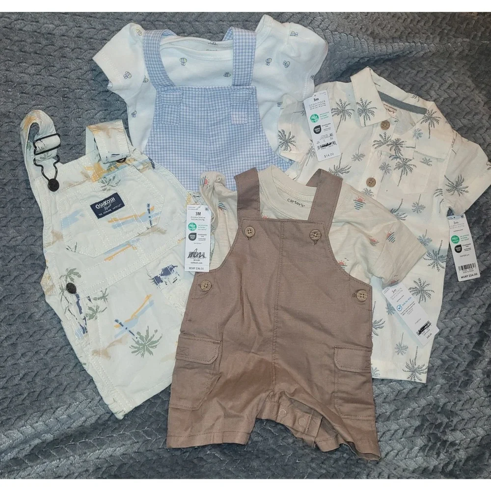 NWT Carter's OshKosh Baby Boy 3M Summer Bundle Gingham Palm Tree Linen 4pc Set